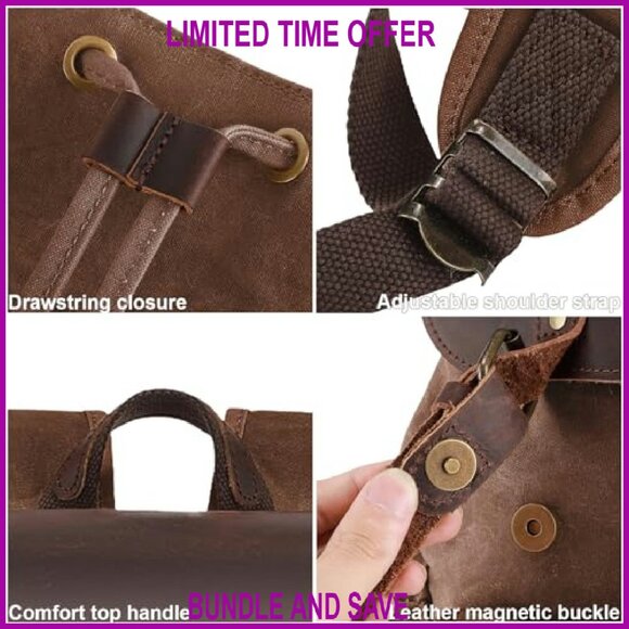 Vintage Waxed Canvas Backpack with Leather 17" Laptop Sleeve Travel Daypack - Picture 8 of 8